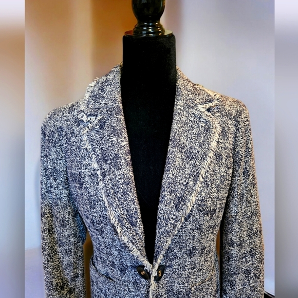 Tweed Fringe Trim Blazer-Navy Blue & White- Timeless Style - Picture 8 of 16
